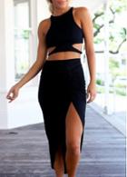 Rosewe Front Slit Hollow Out Two Piece Dress