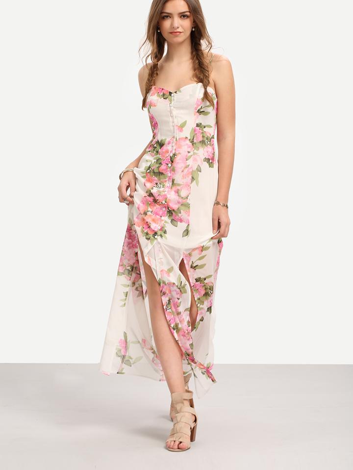Shein Multicolor Flower Print Bottons Split Maxi Dress