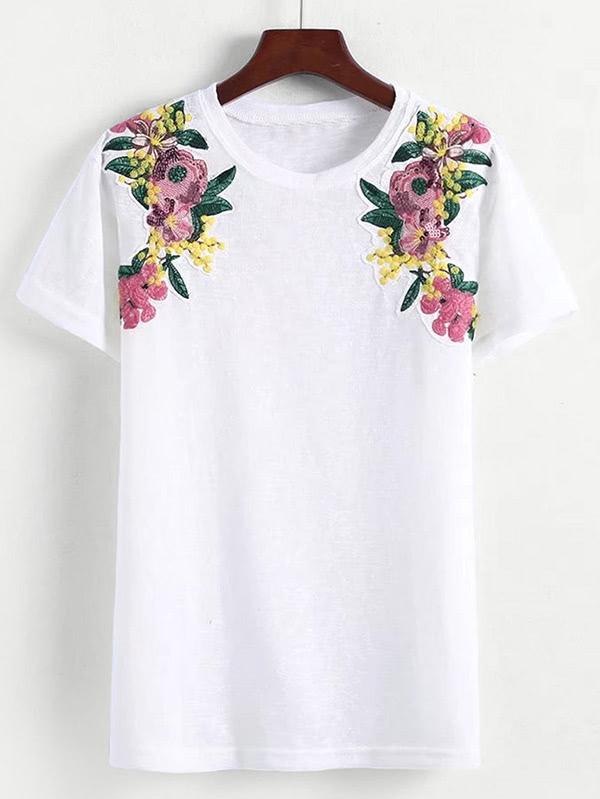 Shein Flower Embroidered Shoulder Tee