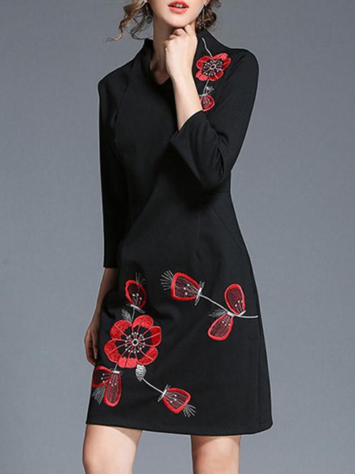 Shein U Neck Flowers Embroidered Dress