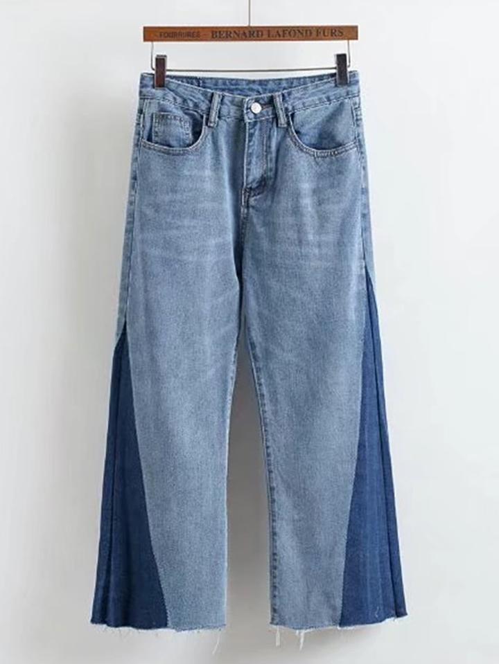 Shein Color Block Frayed Hem Wide Leg Jeans