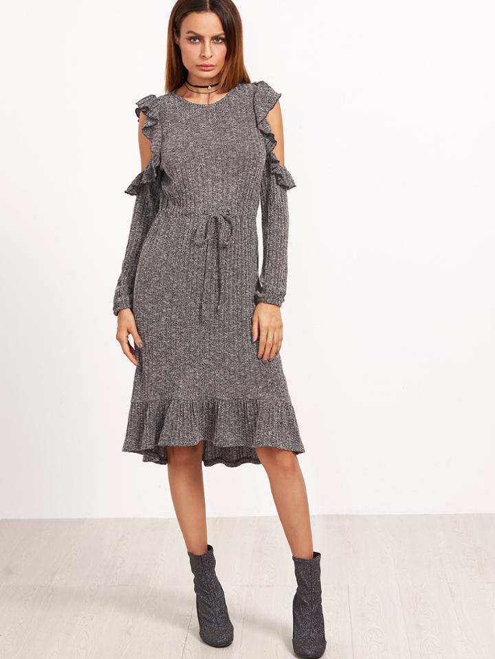 Shein Marled Open Shoulder Drawstring Waist Frill Dress