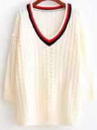 Shein Beige Striped Neck Cable Knite Drop Shoulder Sweater