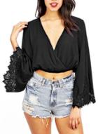 Shein Black V Neck With Lace Crop Blouse