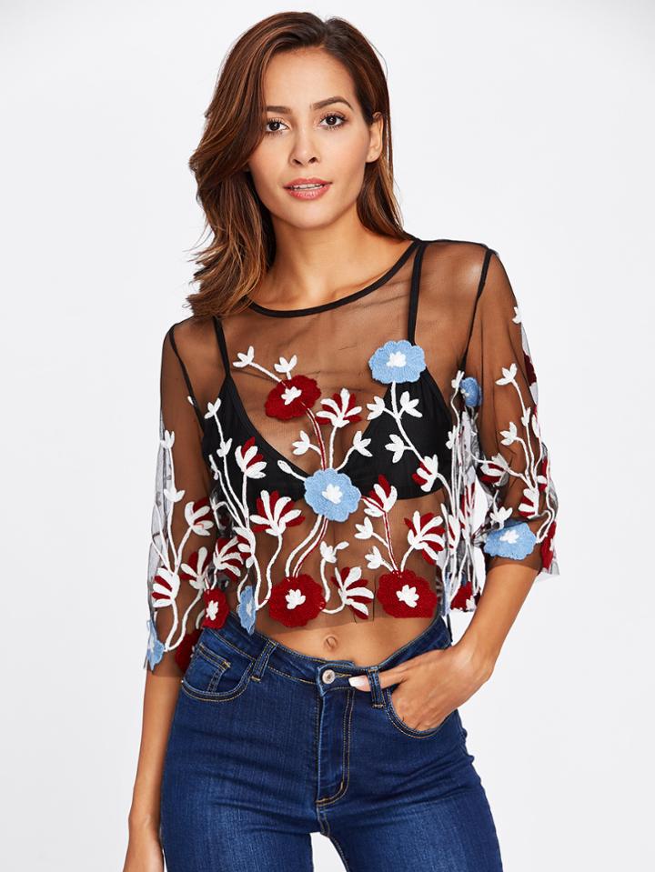 Shein Embroidered Mesh Transparent Crop Top