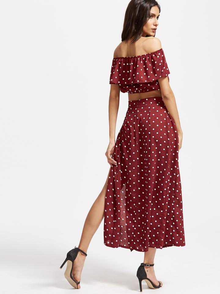 Shein Textured Dot Ruffle Crop Top With Split Skirt