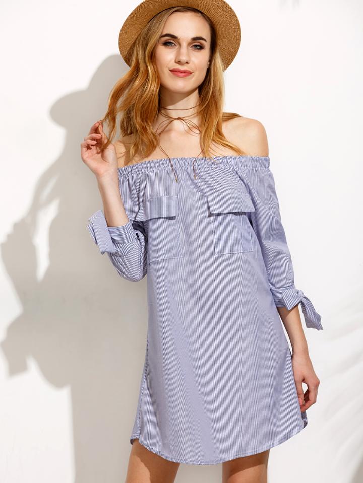 Shein Blue Vertical Striped Tie Sleeve Off The Shoulder Dress