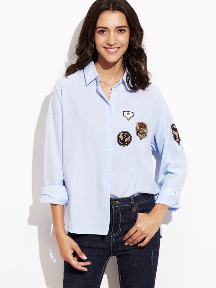 Shein Dolphin Hem Patch Blouse With Buttons
