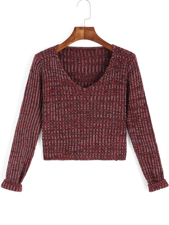 Shein Red V Neck Long Sleeve Crop Sweater