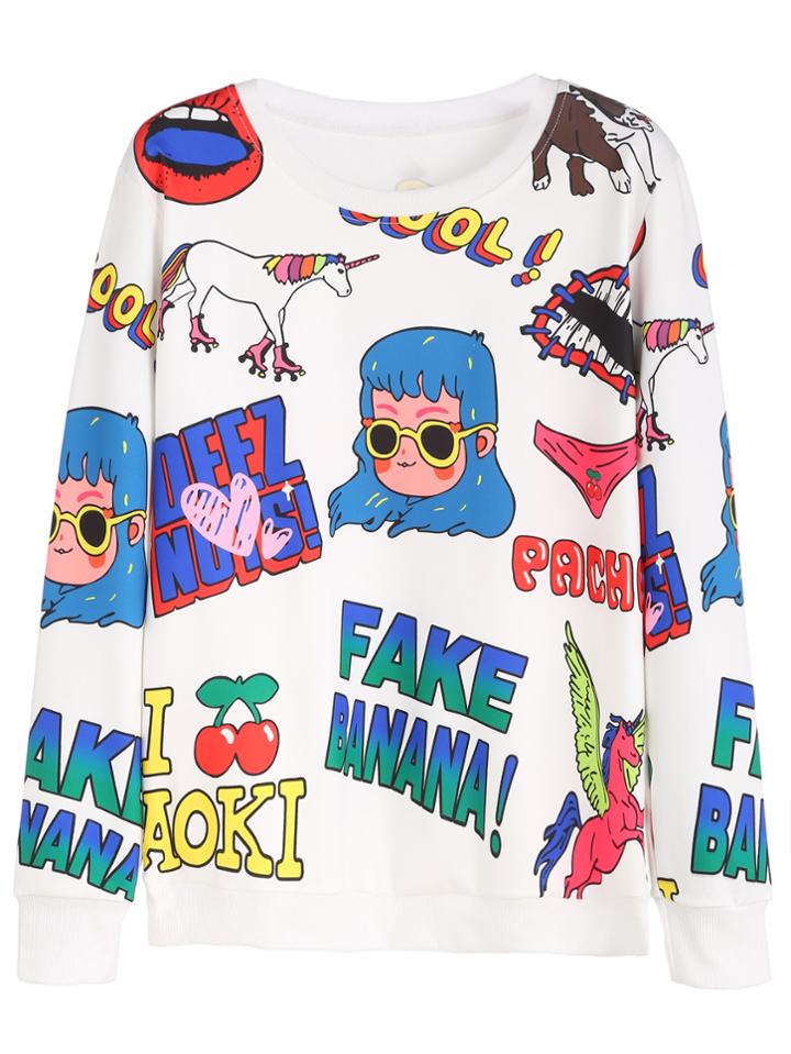 Shein White Cartoon Print Sweatshirt