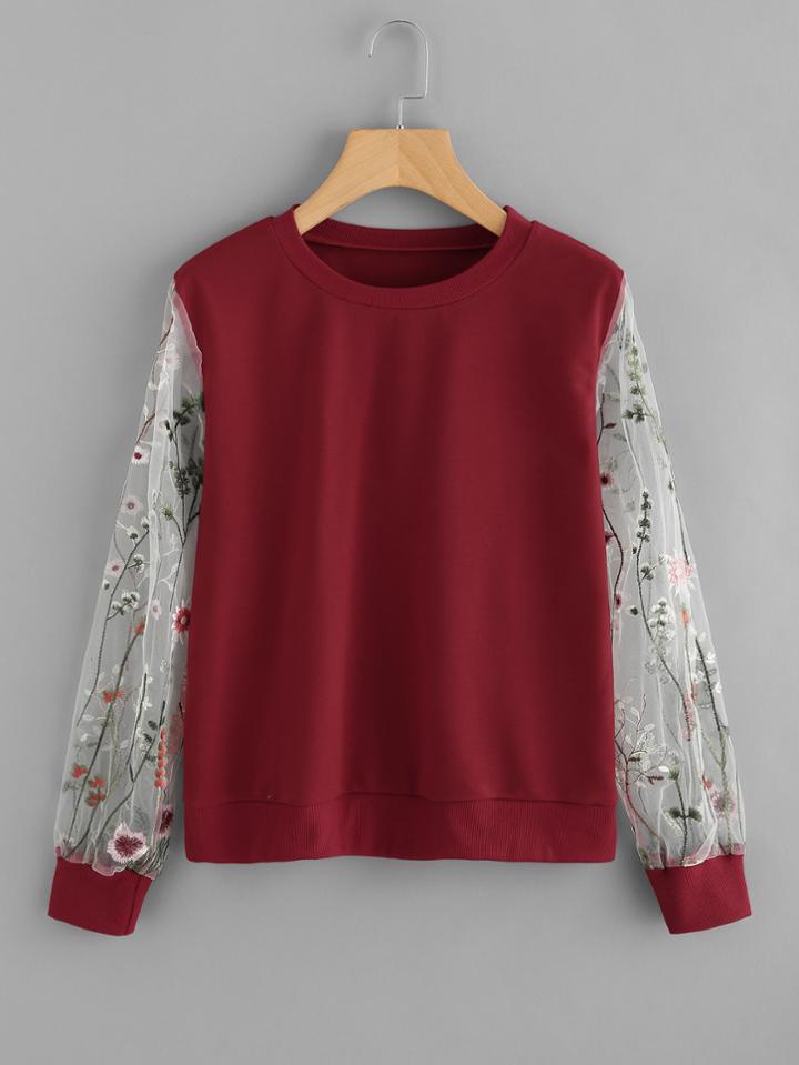 Shein Floral Embroidered Mesh Sleeve Sweatshirt