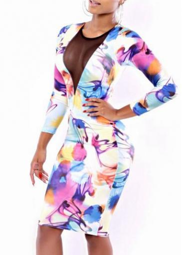Rosewe Sexy Mesh Splicing Print Design Knee Length Dress