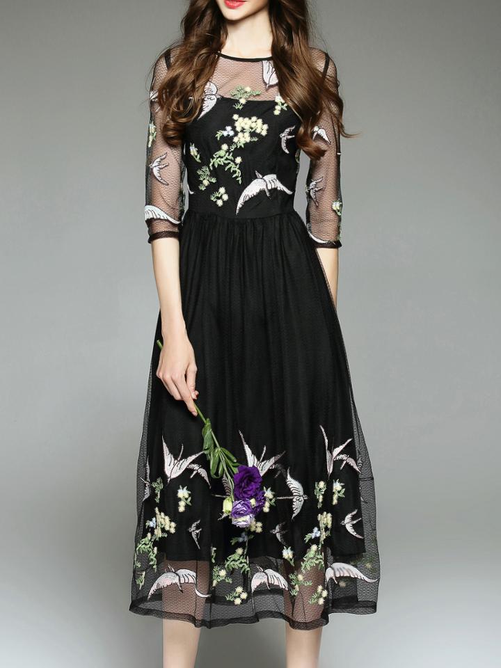 Shein Black Sheer Gauze Embroidered Long Dress