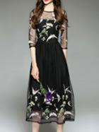 Shein Black Sheer Gauze Embroidered Long Dress