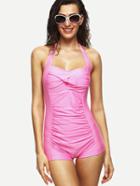 Shein Pink Halter Neck Ruched One Piece Swimwear