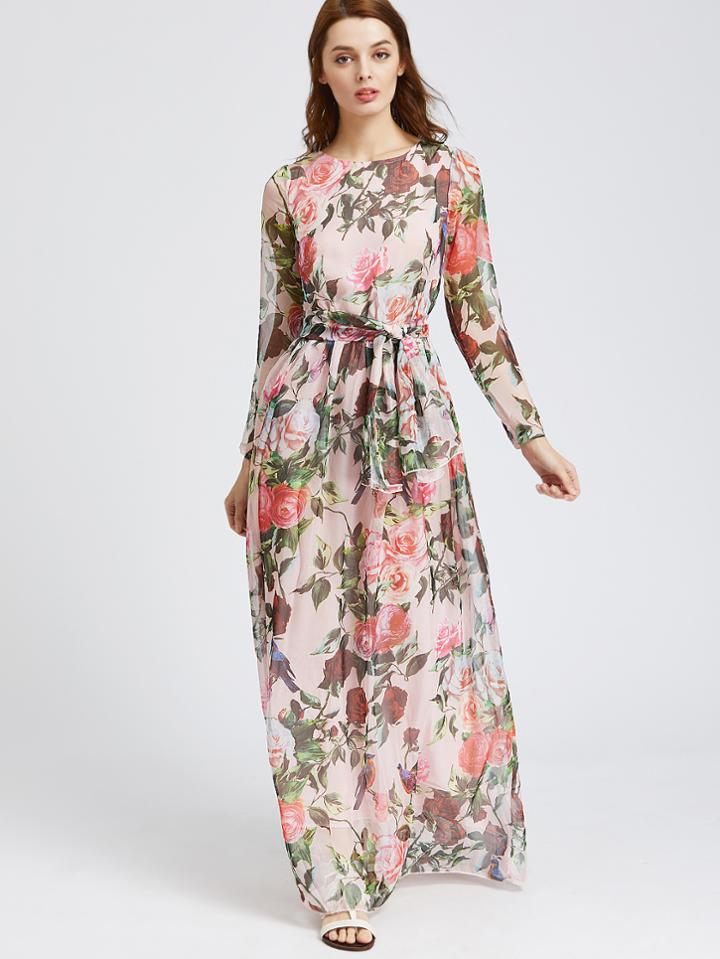 Shein Calico Print Chiffon Maxi Dress With Self Tie