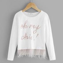 Shein Girls Raw Hem Lettering With Pearl Detail Tee