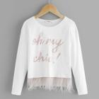 Shein Girls Raw Hem Lettering With Pearl Detail Tee