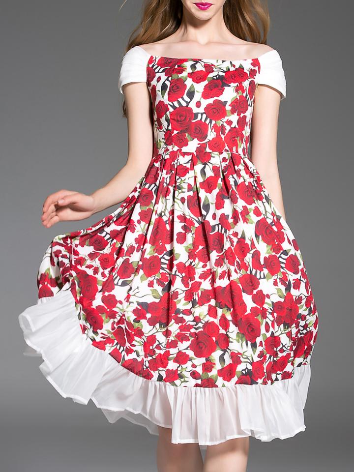 Shein White Boat Neck Floral Frill Dress