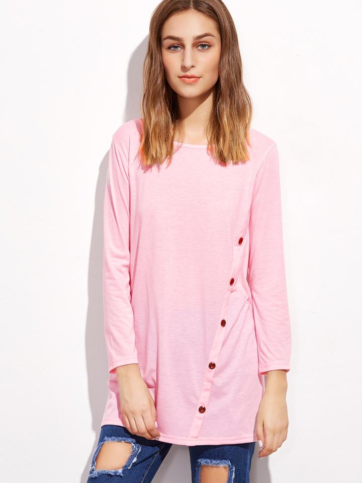 Shein Pink Buttons Trim Long T-shirt