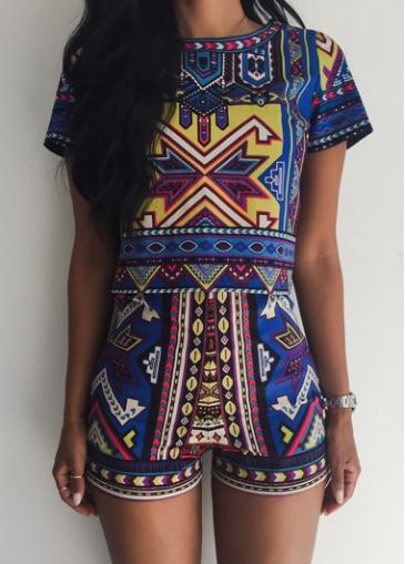 Rosewe Zipper Closure Tribal Print Two Piece Jumpsuit