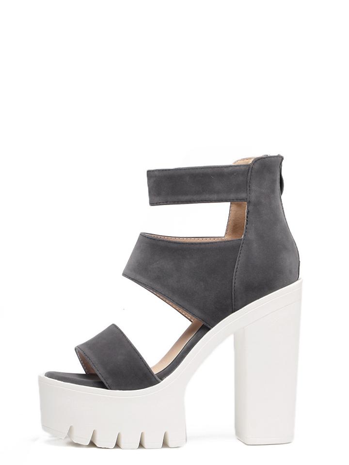 Shein Grey Peep Toe Cutout Buckle Chunky Pumps