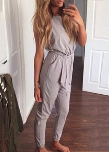 Rosewe Sleeveless Round Neck Grey Elastic Waist Jumpsuit