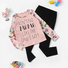 Shein Girls Floral Sleeve Letter Print Top & Pants Set