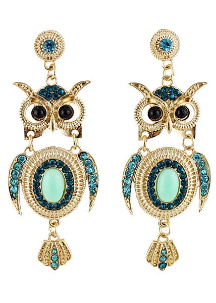 Shein Green Diamond Gold Owl Earrings