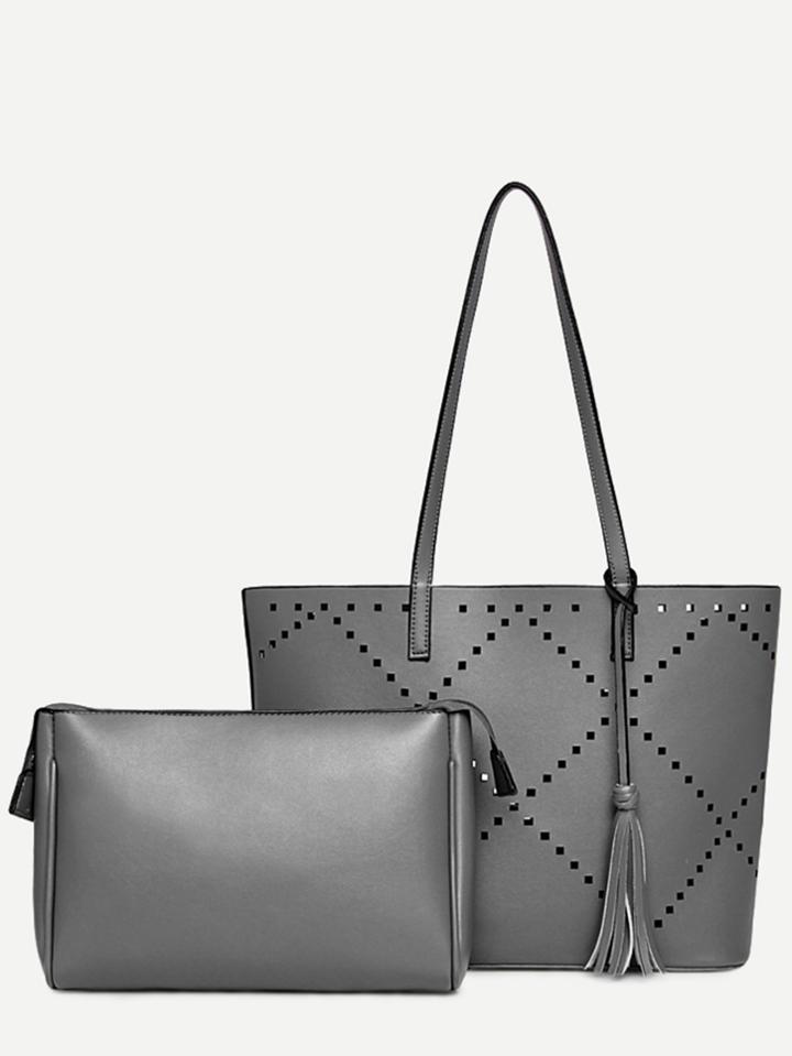 Shein Grey Tassel Trim Perforated Tote Bag With Makeup Bag