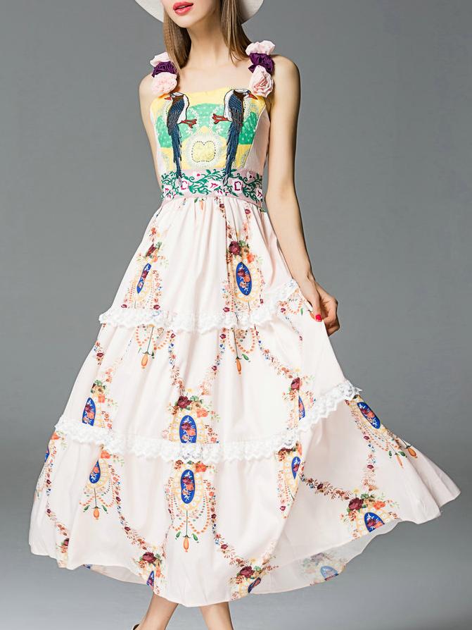 Shein Nude Tank Flowers Embroidered Jacquard Dress