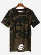 Shein Camo Print High Low Distressed T-shirt