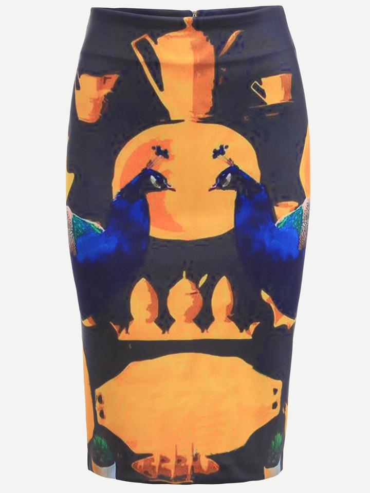 Shein Peacock Print Split Back Sheath Skirt