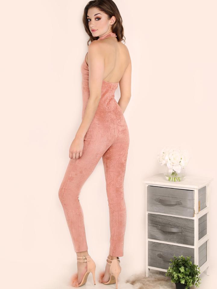 Shein Pink Halter Neck Open Back Skinny Jumpsuit