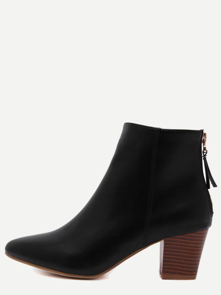 Shein Black Point Toe Back Zipper Cork Heel Ankle Boots