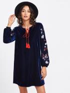 Shein Embroidered Sleeve Tasseled Tied Neck Velvet Dress