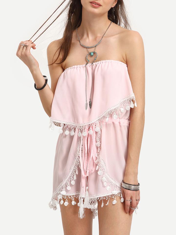Shein Tassel Trimmed Layered Bandeau Romper - Pink