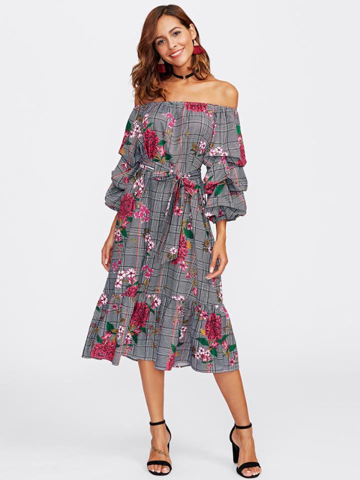 Shein Gathered Sleeve Flounce Hem Bardot Dress