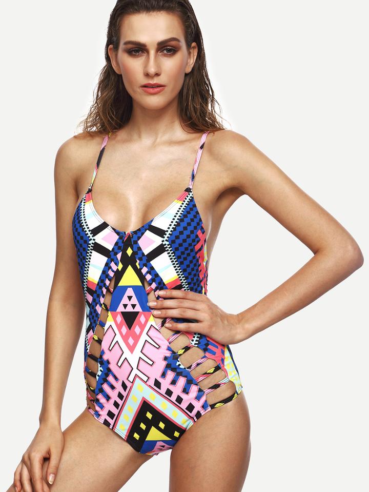 Shein Multicolor Geometric Ladder Cut Crisscross Swimsuit