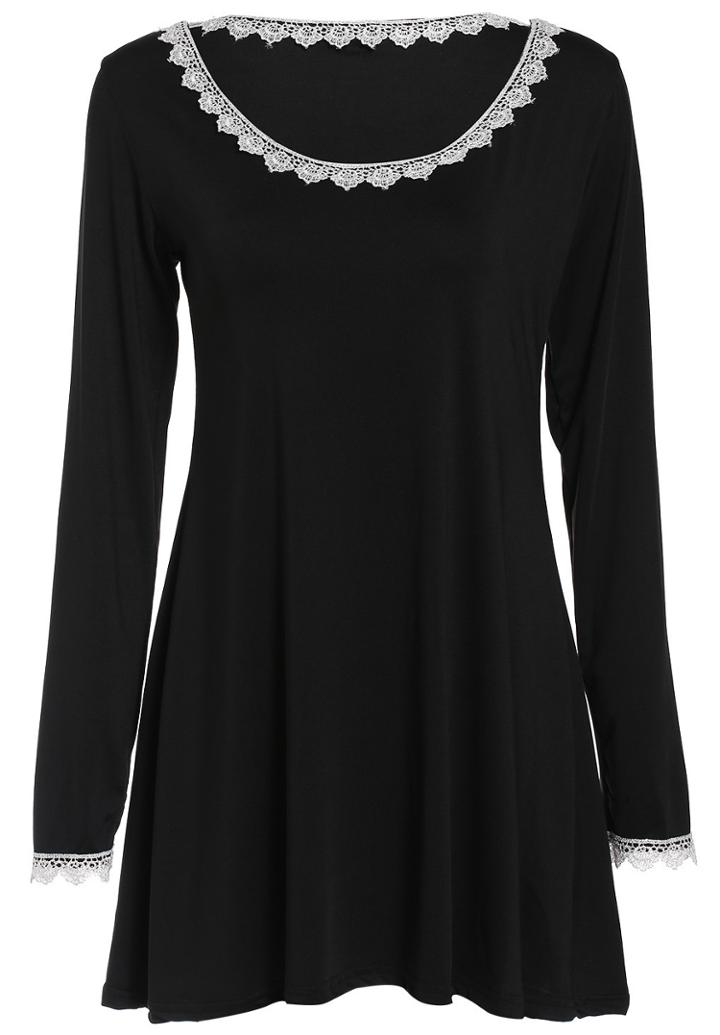 Shein Black Round Neck Long Sleeve Panelled Lace A Line Dress