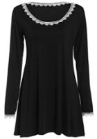 Shein Black Round Neck Long Sleeve Panelled Lace A Line Dress
