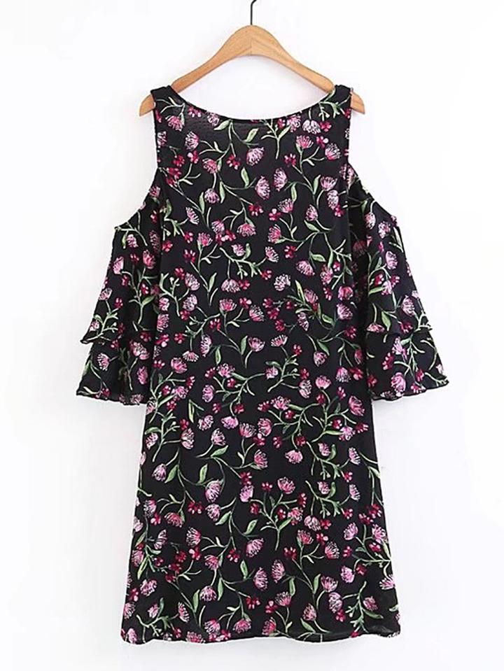 Shein Open Shoulder Layered Sleeve Floral Dress