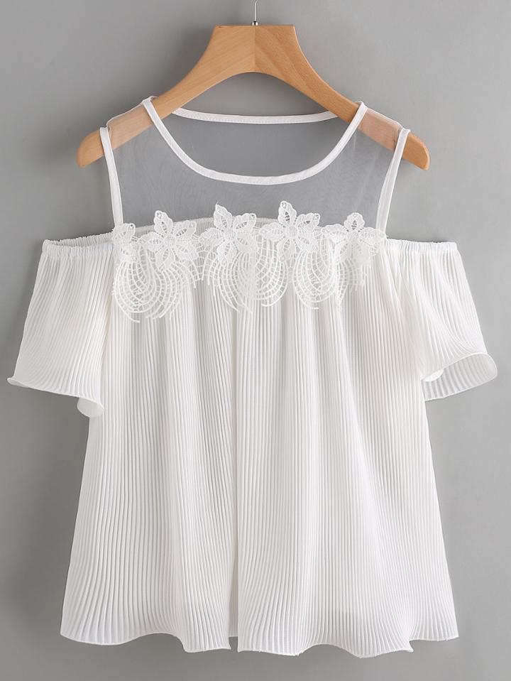 Shein Sheer Mesh Panel Crochet Applique Blouse