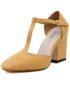 Shein Yellow Cow Suede T-strap Chunky Heel Pumps