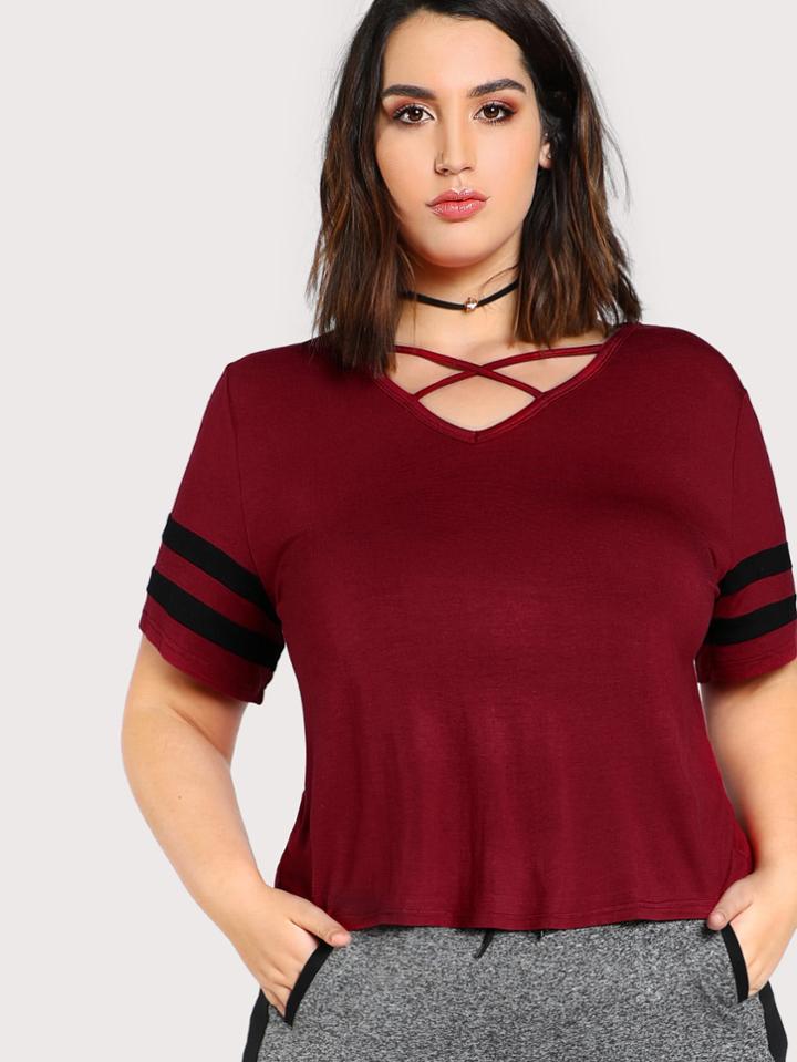 Shein Crisscross Neck Striped Sleeve T-shirt