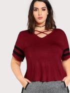 Shein Crisscross Neck Striped Sleeve T-shirt
