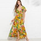 Shein Self Belted Tropical Overlap Dress
