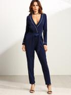 Shein Navy Contrast Piping Surplice Wrap Jumpsuit