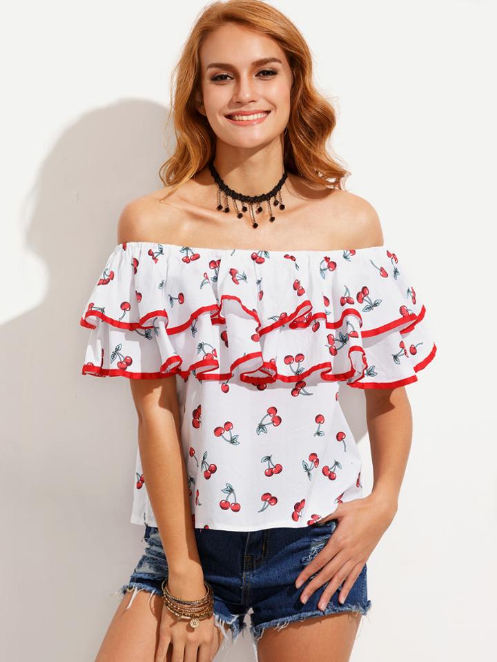Shein White Cherry Print Ruffle Off The Shoulder Top