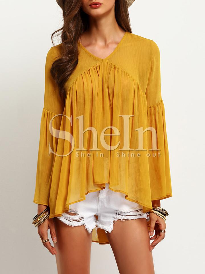 Shein Yellow Bell Sleeve Ruffle Blouse